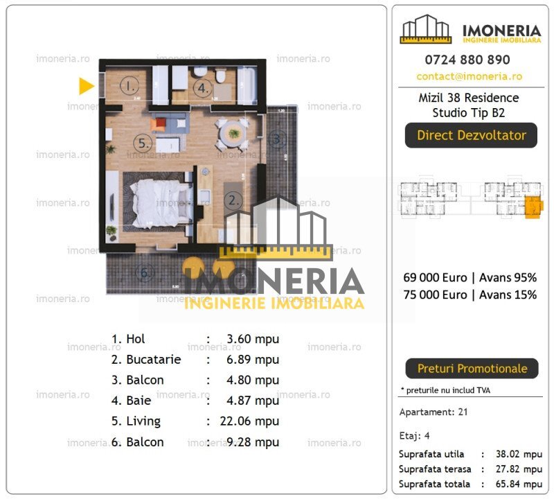 1 Decembrie, 850 m metrou, studio cu terasa generoasa 27 mp, imobil finalizat.