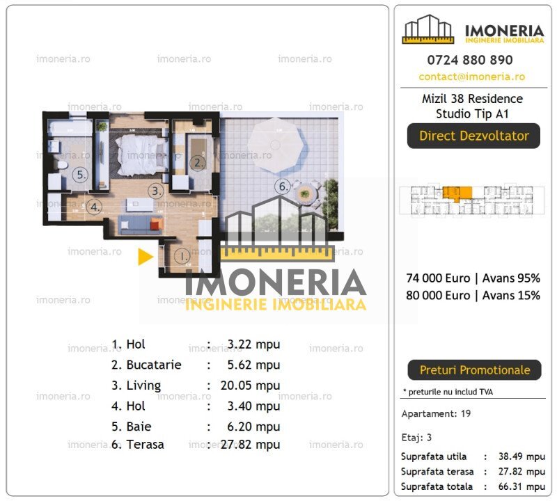 1 Decembrie, 850 m metrou, studio cu terasa generoasa 27 mp, imobil finalizat.